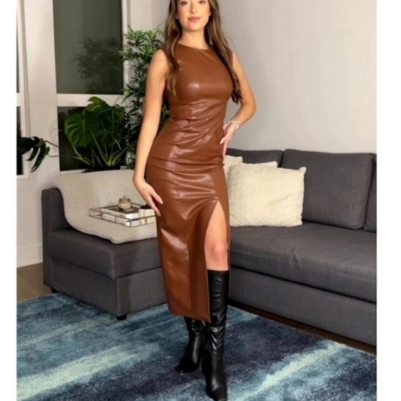 Zara | Dresses | Zara Womens Brown Faux Leather Midi Dress Size Xs Nwt |  Poshmark